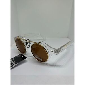 Retro Flip Up Round Sunglasses Brown Lens Clear Frame UV Protection
